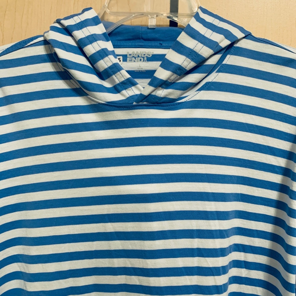 Lands' End‎ Women's Long Sleeve Cotton Hoodie Sweatshirt Top Stripe Blue White L - Picture 7 of 14